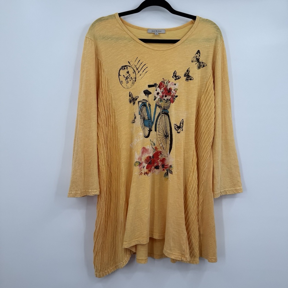 Jess Jane Shirt Top Womens Large Yellow Bicycle Butterfly Oversized Tunic Art